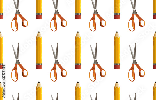 Seamless pattern of yellow pencil and pair of scissors.
