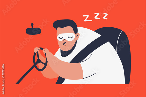 Sleeping man driving a car. Vector cartoon illustration isolated on background.