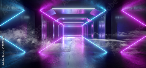 Smoke Futuristic  Sci Fi Laser Neon Shapes Glowing Light Vibrant Purple Blue Stage NIght Club Background Grunge Concrete Dark Tunnel Hall Corridor Garage Fashion Reflective 3D Rendering
