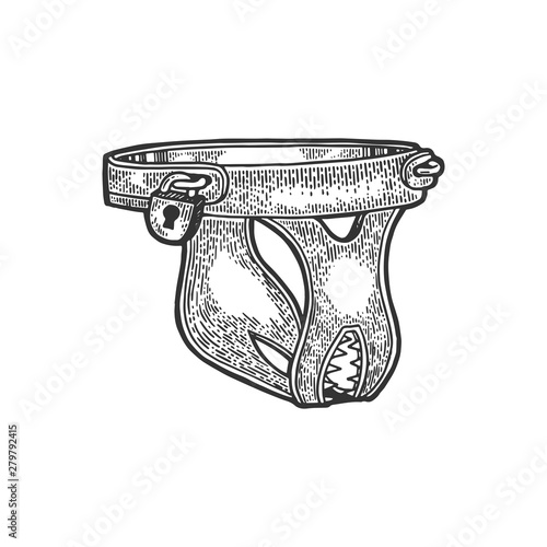 Female Chastity belt medieval torture device sketch engraving vector illustration. Scratch board style imitation. Hand drawn image.