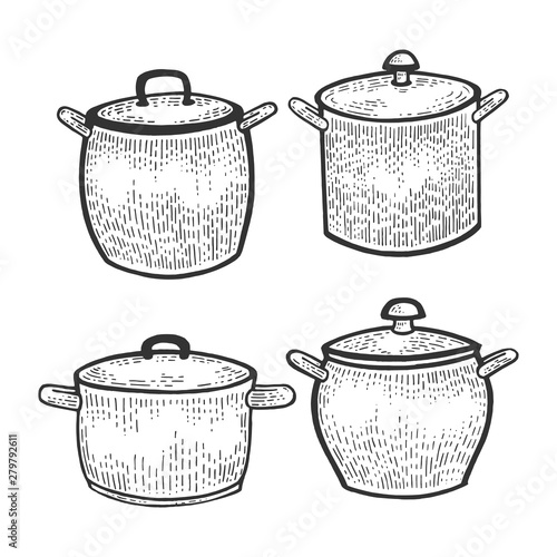 Pan casserole pot set kitchen utensils sketch engraving vector illustration. Scratch board style imitation. Black and white hand drawn image.