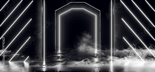 Smoke Futuristic Sci Fi Laser Neon Shapes Glowing Light White Stage NIght Club Background Grunge Concrete Dark Tunnel Hall Corridor Garage Fashion Reflective 3D Rendering