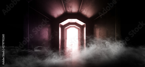 Smoke Futuristic Sci Fi Elegant Graphic Background Dark Reflective Grunge Concrete Alien Spaceship Tunnel Corridor Hall Room Gallery Garage Lights Glowing Virtual 3D Rendering