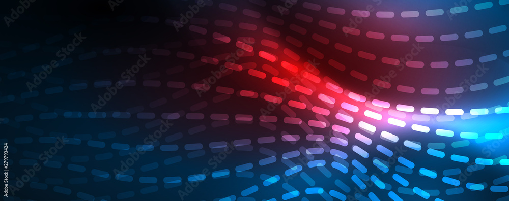 Obraz premium Smooth wave lines on blue neon color light background. Glowing abstract wave on dark, shiny motion, magic space light