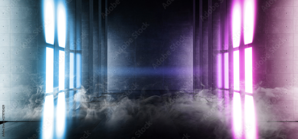Smoke Futuristic  Sci Fi Laser Neon Shapes Glowing Light Vibrant Purple Blue Stage NIght Club Background Grunge Concrete Dark Tunnel Hall Corridor Garage Fashion Party Reflective 3D Rendering