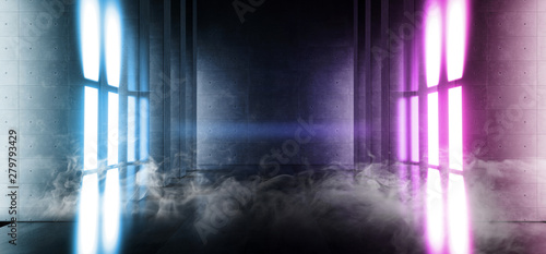 Smoke Futuristic Sci Fi Laser Neon Shapes Glowing Light Vibrant Purple Blue Stage NIght Club Background Grunge Concrete Dark Tunnel Hall Corridor Garage Fashion Party Reflective 3D Rendering