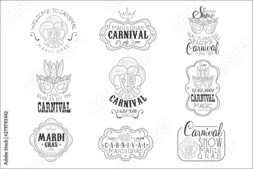 Set Of Hand Drawn Monochrome Mardi Gras Event Promotion Signs In Pencil Sketch Style With Calligraphic Text And Detailed Vintage Frames