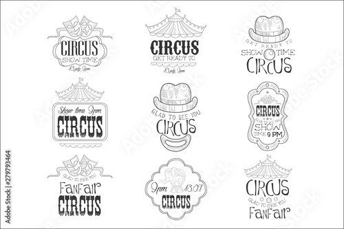 Set Of Hand Drawn Monochrome Circus Show Promotion Signs In Pencil Sketch Style With Calligraphic Text And Detailed Vintage Frames
