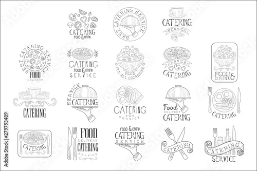 Best Quality Catering Service Set Of Hand Drawn Black And White Sign Design Templates With Calligraphic Text