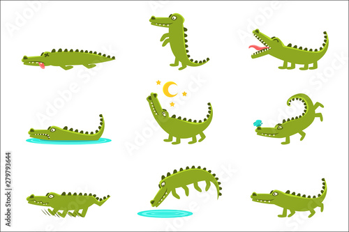 Smiling Friendly Crocodile Cartoon Character And Its Everyday Wild Animal Activities Set Of Illustrations