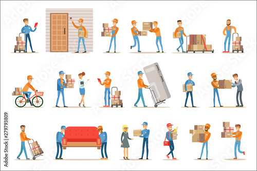 Different Delivery Service Workers And Clients, Smiling Couriers Delivering Packages And Movers Bringing Furniture Set Of Illustrations