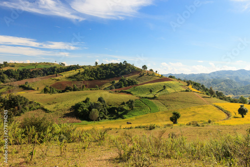 The breathtaking view of the colourful rolllings hills of the Kalaw highlands as seen when trekking from Kalaw to Inle Lake, Myanmar © Nico