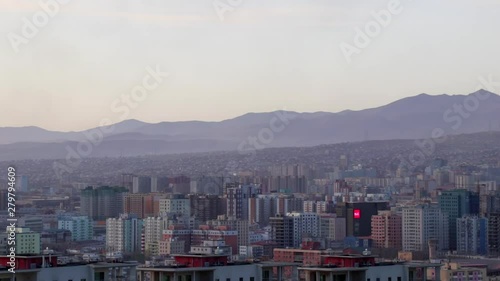 View of Ulaanbaatar, the capital of Mongolia from the Zaisan Memorial, circa March 2019 photo