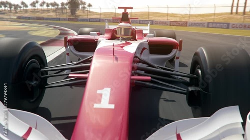 Generic formula one race car drives along the race track - dynamic front view camera south stretch - realistic high quality 3d animation - my own car design - no copyright/trademark infringement photo