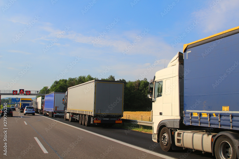 Lorry jam before customs clearance at the border Germany - Switzerland