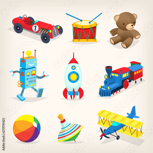 Set of colorful retro toys for children. Isolated vector illustrations for cards, books or posters.