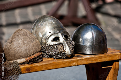 Medieval knight armor , helmet close up on knight festival