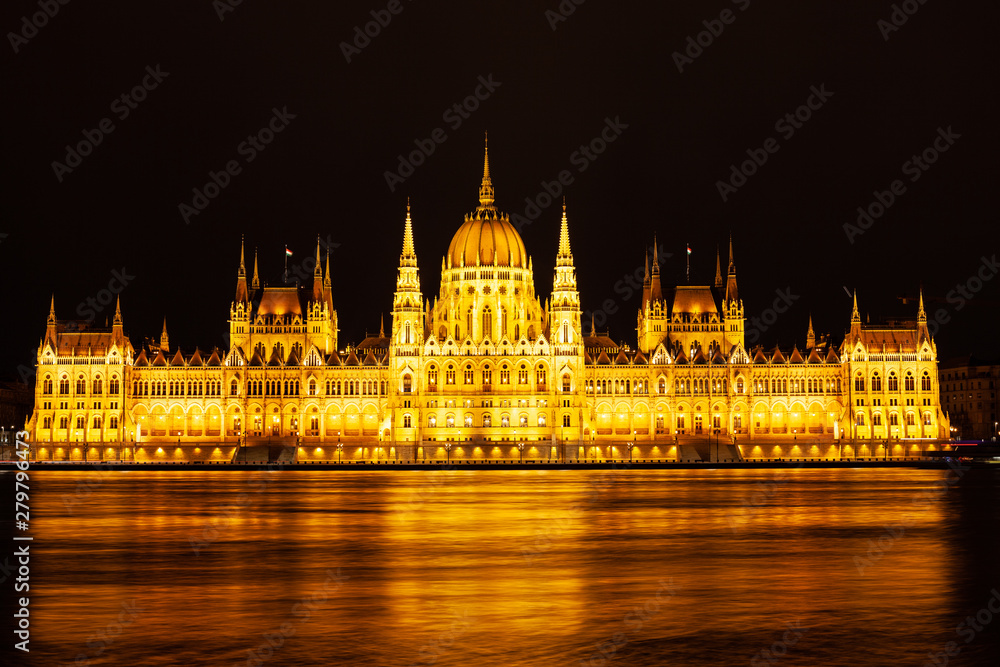 Hungarian Parliment night panoramic view, Budapest, Hungary