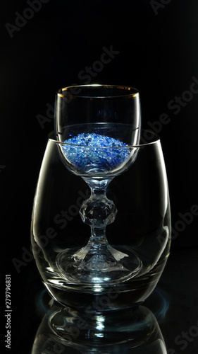 glass and crystal and diamonds on a black background