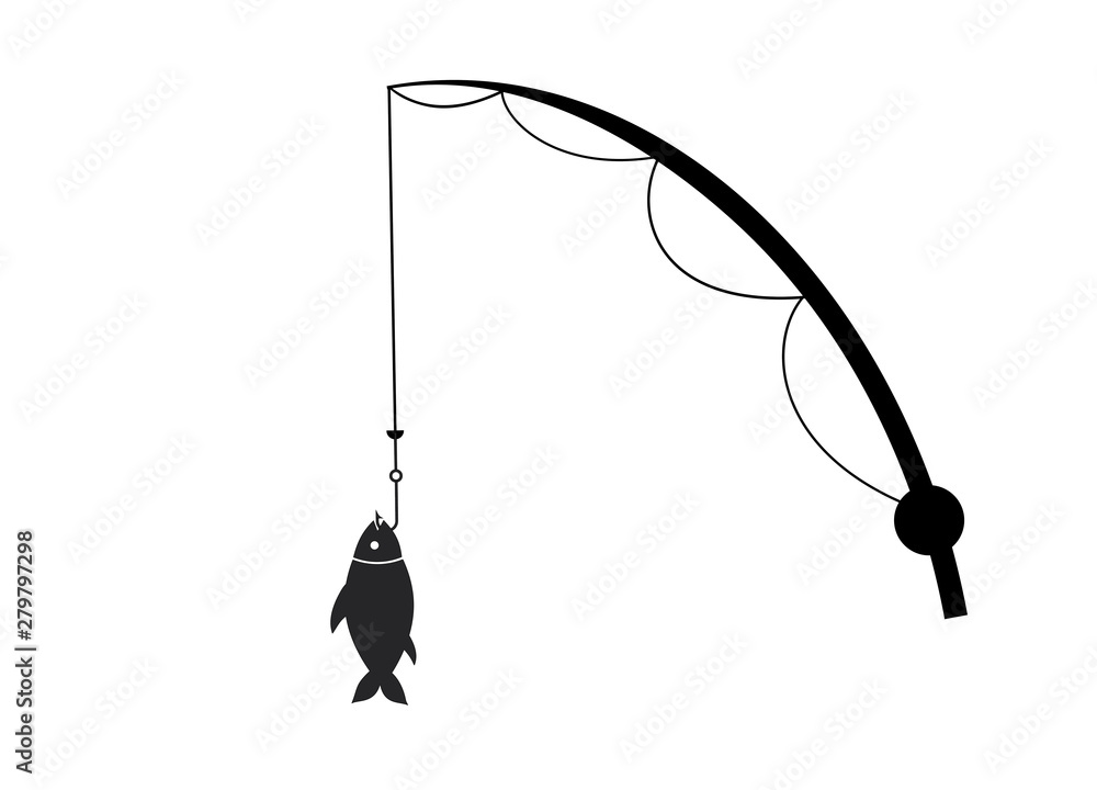Flat black icon of fishing rods and fish on the hook, catch, hobby, sport,  passion. Fishing and recreation. Stock Vector