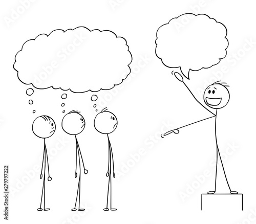 Vector cartoon stick figure drawing conceptual illustration of enthusiastic man, business leader or boss or manager talking to group or team of employee or crowd. They are thinking something about him
