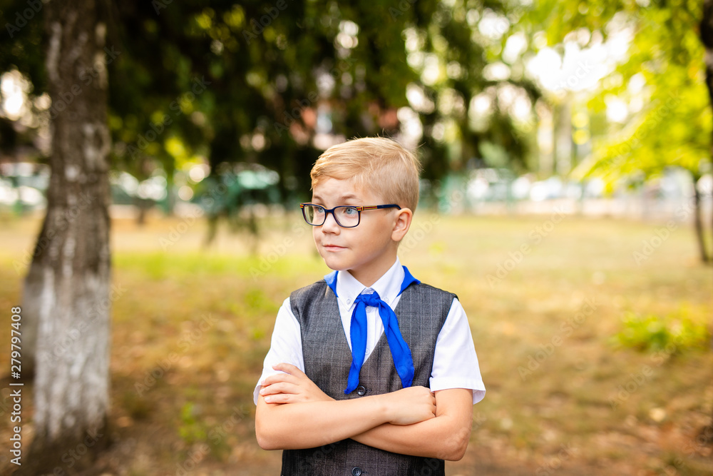 Educational theme: portrait of a schoolboy with big black glasses and blue tie. School backyard, beginning of classes Educational theme: portrait of a schoolboy with big black glasses and blue tie. School backyard, beginning of classes