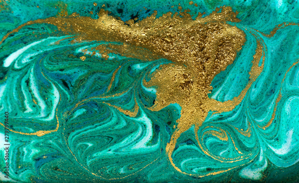 Green and gold marbling pattern. Golden powder marble liquid texture. Green and gold marbling pattern. Golden powder marble liquid texture.