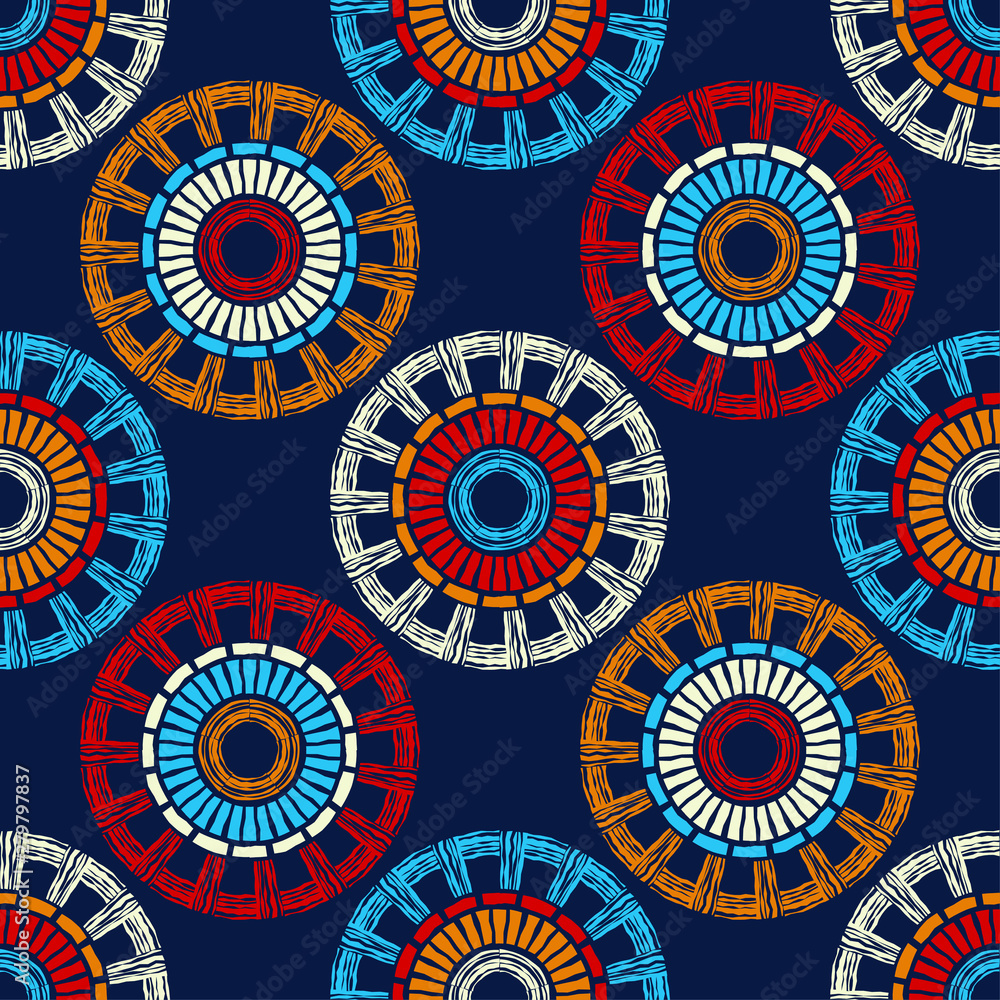 Polka dots seamless pattern. Mosaic of ethnic figures. Patterned texture. Geometric background. Can be used for wallpaper, textile, invitation card, wrapping, web page background. Polka dots seamless pattern. Mosaic of ethnic figures. Patterned texture. Geometric background. Can be used for wallpaper, textile, invitation card, wrapping, web page background.