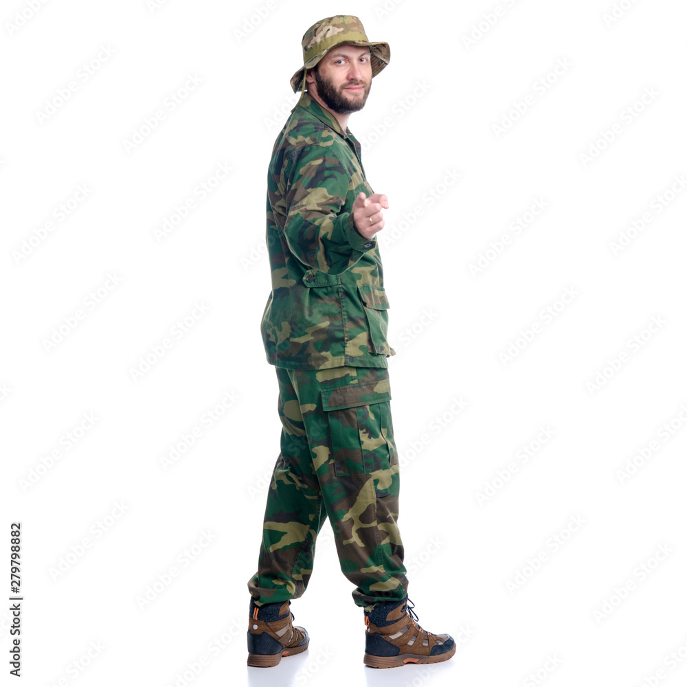 Man in camouflage clothes hiking standing on white background isolation Man in camouflage clothes hiking standing on white background isolation