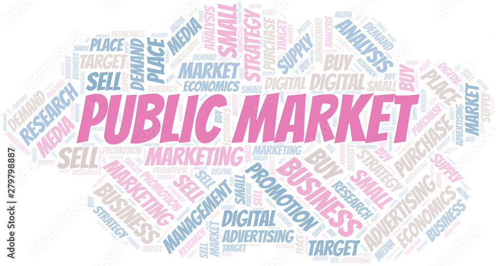 Public Market word cloud. Vector made with text only.