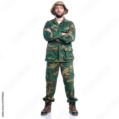 Man in camouflage clothes hiking standing on white background isolation