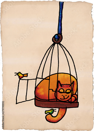 Cat in canary cage (whole) (ID: 279798892)