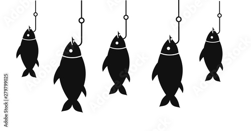 Flat black icon of fish on a hook, catch, hobby, sport, hobby. Fishing and recreation.