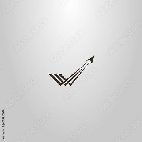 black and white simple vector sign of an abstract airplane taking off with a trace of it