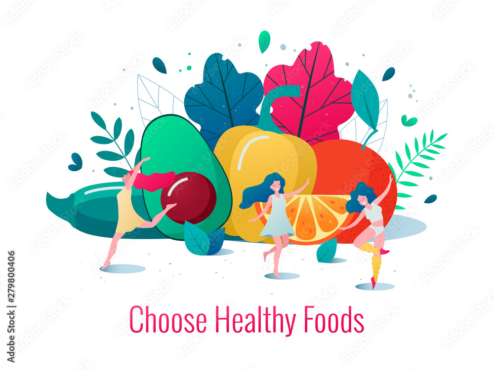 Concept of healthy lifestyle vector illustration. Healthy happy women dancing in front of vegetables and fruits. Concept of healthy lifestyle vector illustration. Healthy happy women dancing in front of vegetables and fruits.
