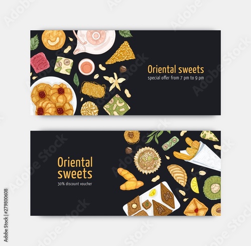 Bundle of coupon or voucher templates with sweet oriental desserts on plates....