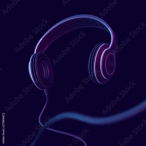 3D headphones on dark background. Abstract visualization of digital sound and virtual reality. Concept of electronic music listening. Digital audio technology equipment. EPS 10 vector illustration.