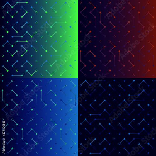 Technology hi tech backgrounds set in dark colors. Outline seamless pattern with dots and lines. Green, blue, yellow and purple colors. Vector illustration, design element.