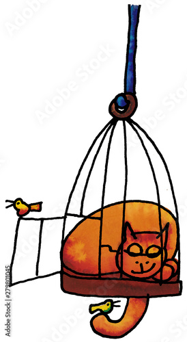 Cat in canary cage (silhouette) (ID: 279801045)