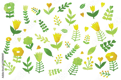 Floral set, bright fresh yellow meadow doodle clip art kit on white background