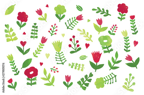 Floral set, bright red- green summer doodle clip art kit on white background