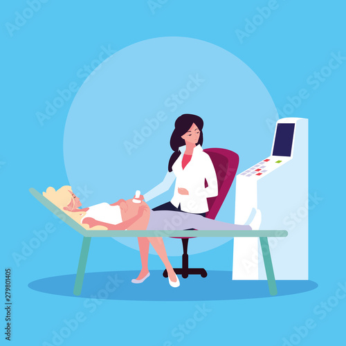 mother in stretcher performing ultrasound