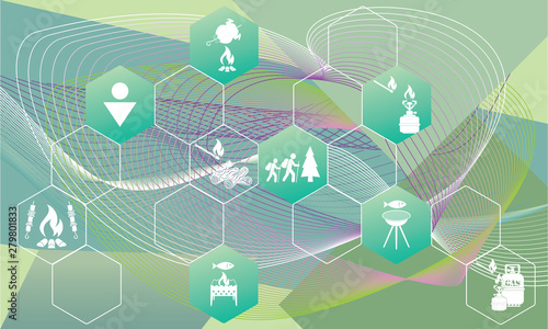 Poster with Set of travel and camping equipment icons