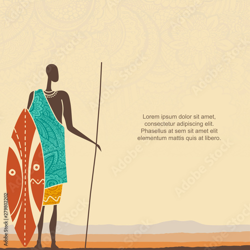 Ethnic background with African man warrior and stylized African landscape