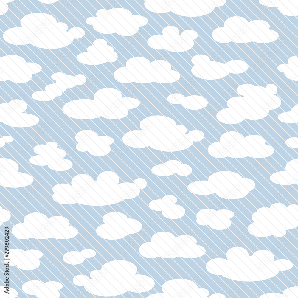 Seamless pattern from simple flat white clouds on a light grey blue striped background. 