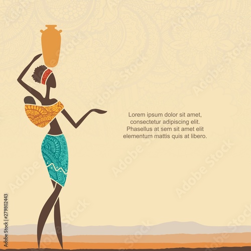Ethnic background with African woman with a child and stylized African landscape