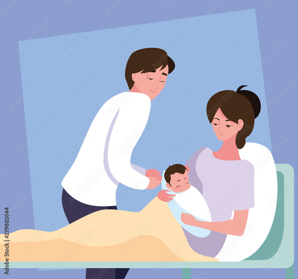 mother with newborn in stretcher and father observing mother with newborn in stretcher and father observing
