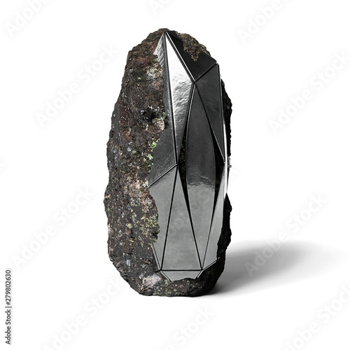 steel monolith embedded in rock, abstract shape, sci-fi object isolated on white ground  photo