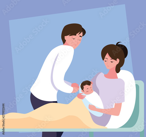 mother with newborn in stretcher and father observing