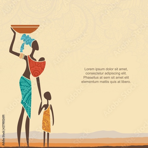 Ethnic background with African woman with children and stylized African landscape